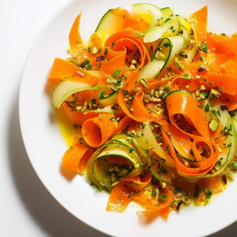 Freshly made Citrus Carrot Ribbon Salad: A light and colorful appetizer with a honey-citrus vinaigrette.