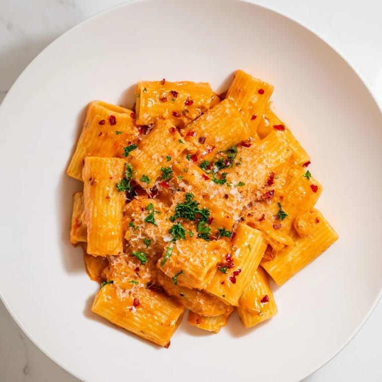 Steaming plate of Gigi Hadid-Style Spicy Rigatoni, a vegetarian Italian-American meal, ready to serve.