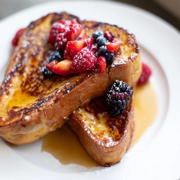 Warm, delicious Ice Cream French Toast served with fresh berries and powdered sugar.