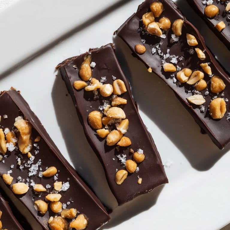 Close-up of frozen Date Bark Snickers-Style pieces, showcasing peanuts on a decadent dark chocolate layer.