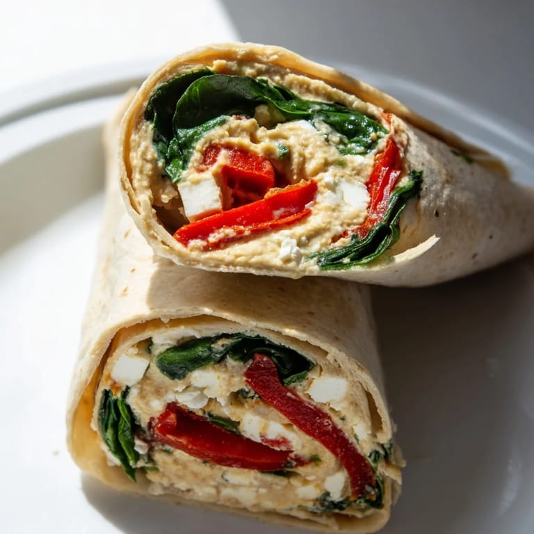 Detailaufnahme eines Mediterranean Veggie Wrap mit leuchtenden Farben, frischen Spinatblättern und würziger Gewürznote auf einem hellen Hintergrund.
