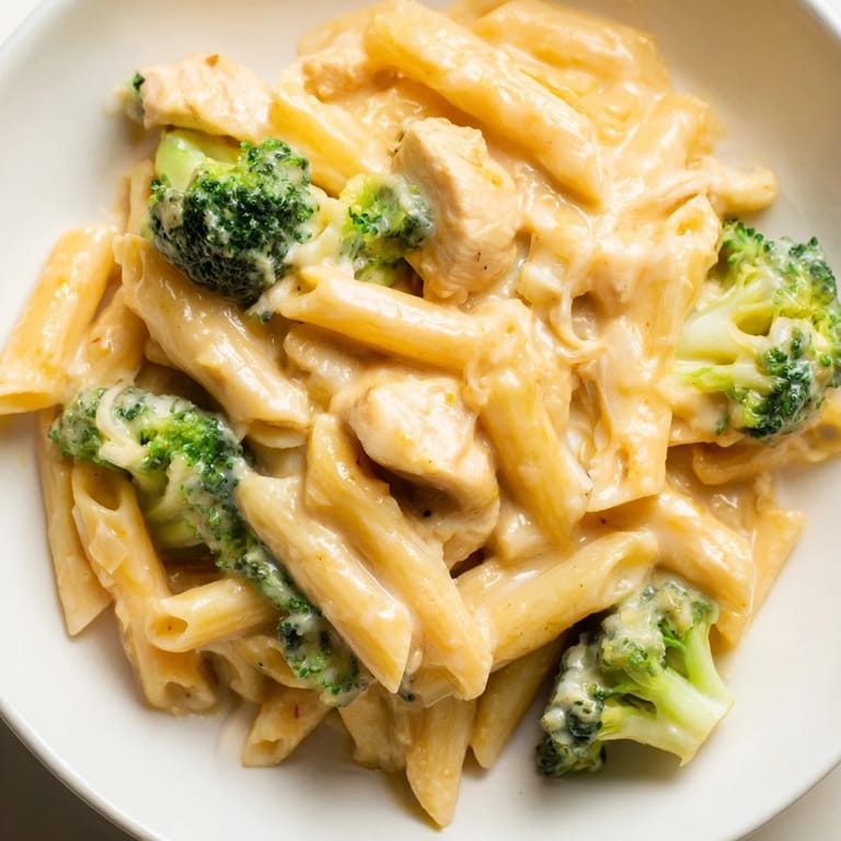 Dieses Family-Dinner zeigt knackige Brokkoliröschen und saftige Hähnchenstücke, alles in einer würzigen Cheddar-Sauce gewendet.