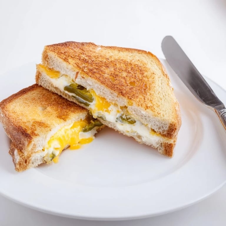 Ein Jalapeño Popper Grilled Cheese zeigt cremigen Frischkäse, scharfen Cheddar und Butter auf Brot.  