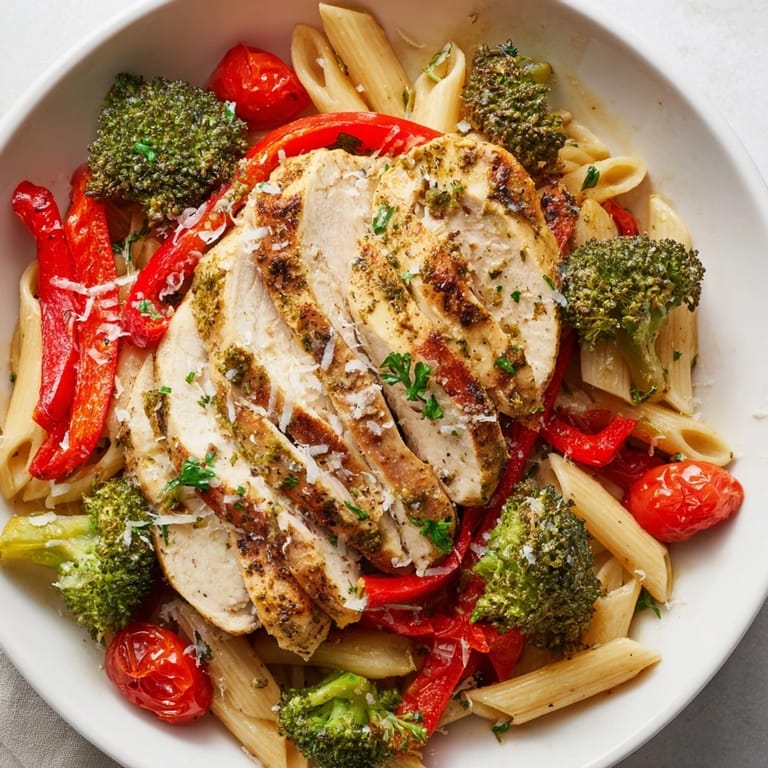 Geröstete Hähnchenbrustfilets mit Kräutern und buntem Gemüse, serviert in einer leichten Sauce.