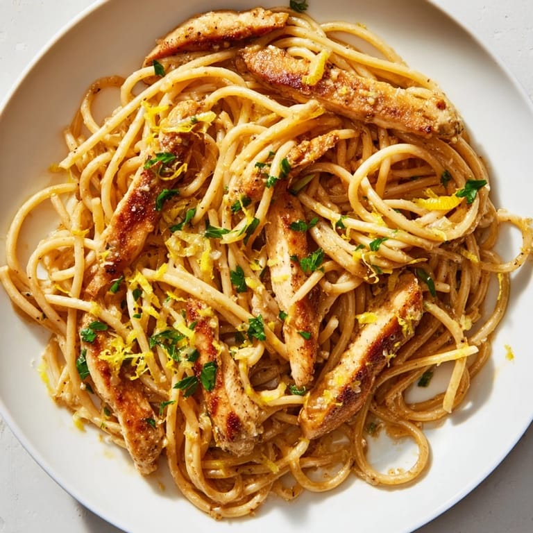 Cremiges Brown-Butter-Lemon-Hähnchen-Pasta-Gericht mit saftigen Hähnchenbruststreifen und goldbrauner Butter-Zitronen-Soße auf weißem Tellerrand.