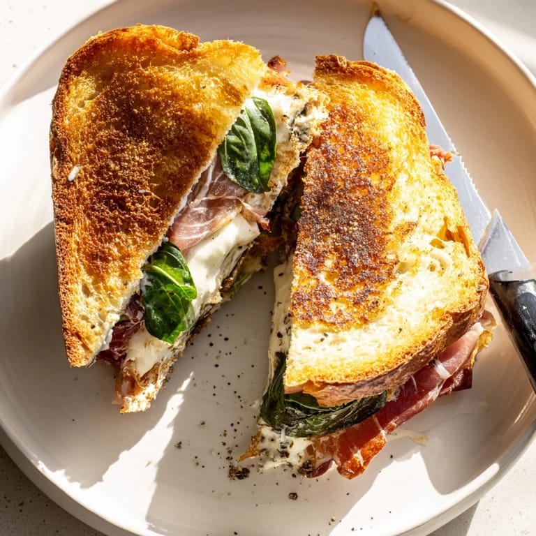 Frische Basilikumblätter und geschmolzene Burrata in einer gebratenen Prosciutto-Crunch-Füllung.