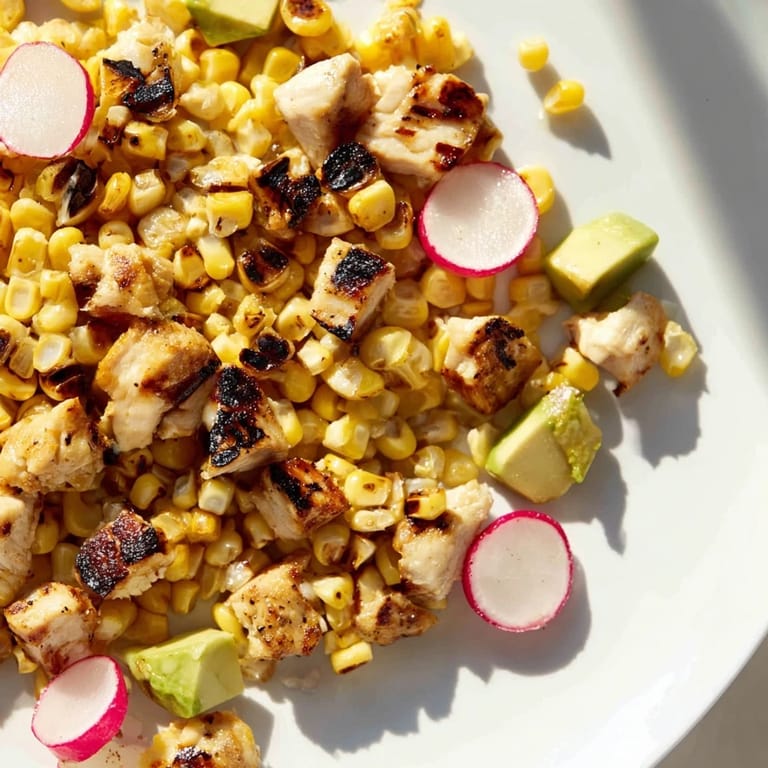Herzhafter Roasted Corn & Chicken Chopped Salad mit knusprigen Radieschen, halbten Kirschtomaten und würziger Limettenvinaigrette auf farbenfrohem Salatgemüse, perfekt für den Summer Dinner.