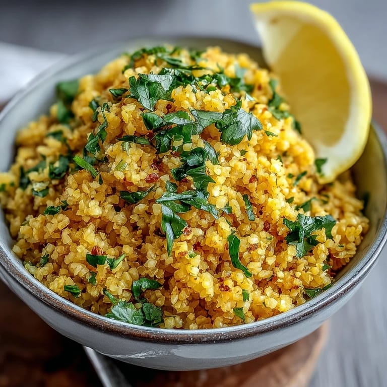 Nahaufnahme von Turmeric Cauliflower Rice in einer Pfanne.