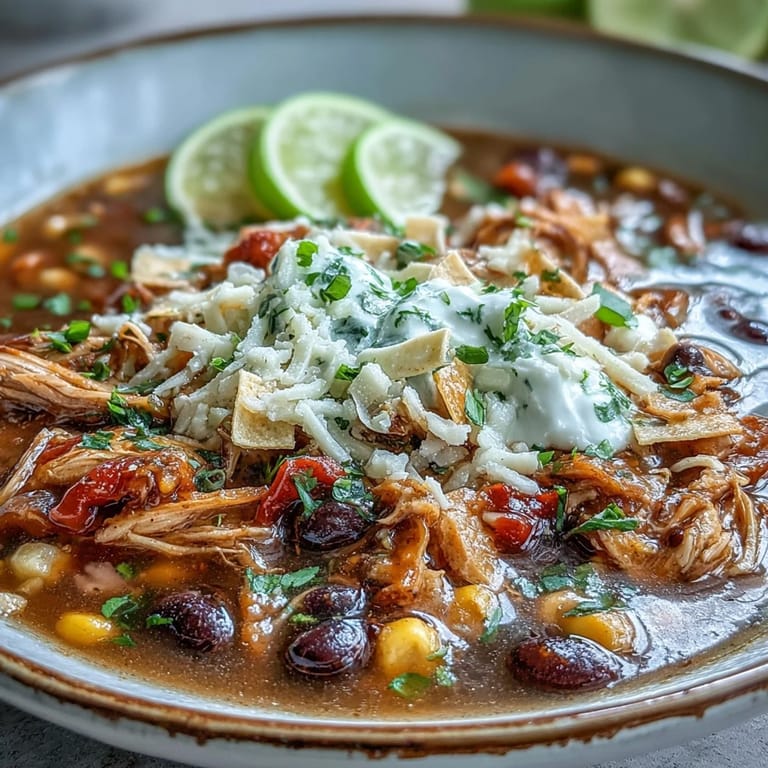 Frisch zubereitete Instant Pot Chicken Tortilla Soup mit Koriander und Limettenscheiben.