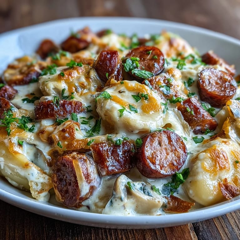 Crockpot Pierogi Casserole With Kielbasa angerichtet auf Teller mit frischem Salad und Gabel.