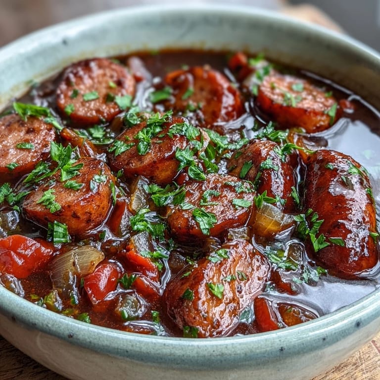 A spoon lifts a serving of Crock Pot BBQ Cocktail Sausage Soup, showcasing the rich broth and sausages for a cozy gathering.