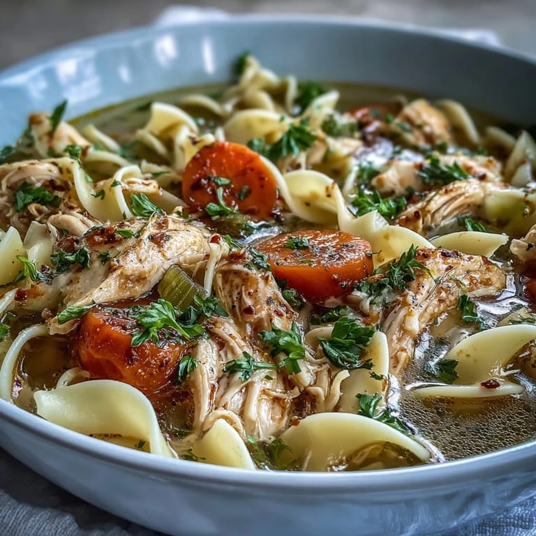 Heißer Instant Pot Chicken Noodle Soup mit weichen Eiernudeln und frischem Petersilien-Topping