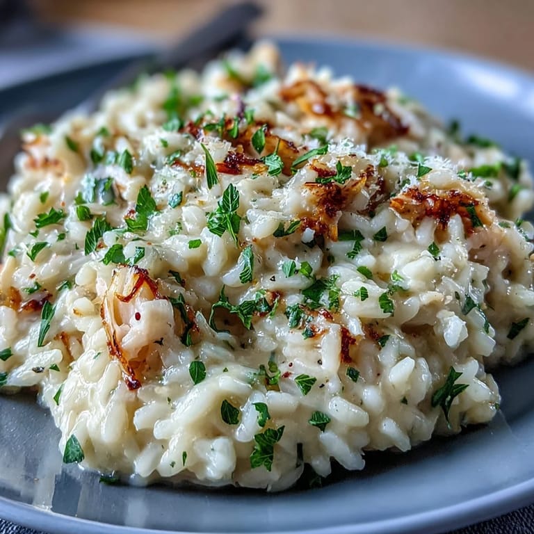 Das cremige Smoked Haddock Risotto zeigt goldene Reiskörner mit geräuchertem Fisch, Parmesan-Reflexionen und einem Hauch Zitronenschale.