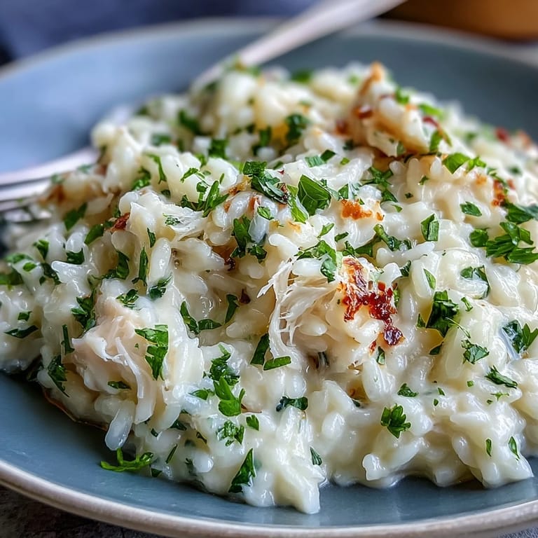 Portionen des Smoked Haddock Risotto werden warm serviert, flankiert von knusprigem Brot und einem Glas trockenem Riesling.