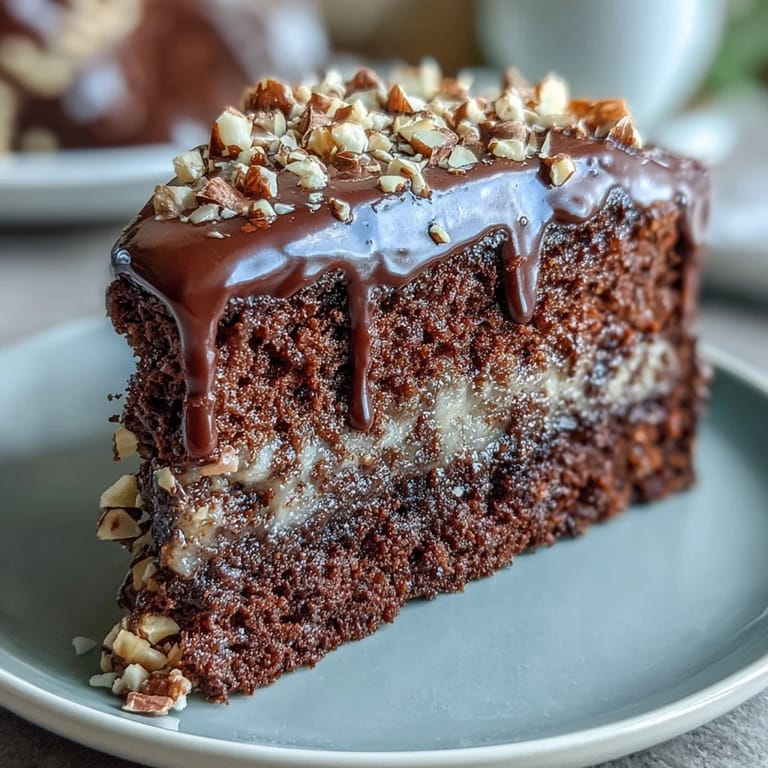Feierliche Schokoladentorte mit olivenölbasiertem Teig, cremiger Ganache und zerbrechlichen Haselnusspraline-Splittern auf der Oberseite.