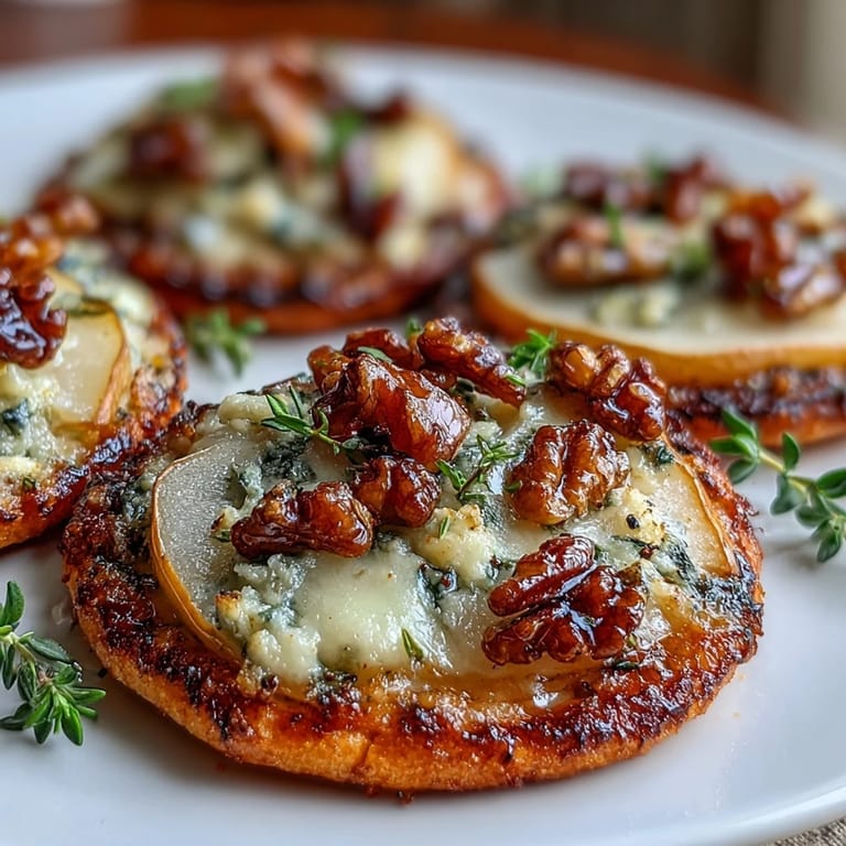 Knusprige, goldene Mini-Pizchen beladen mit cremigem Gorgonzola, saftigen Birnenscheiben und eingelegten Walnüssen – perfekt für ein raffiniertes Vorspeisen-Tableau.