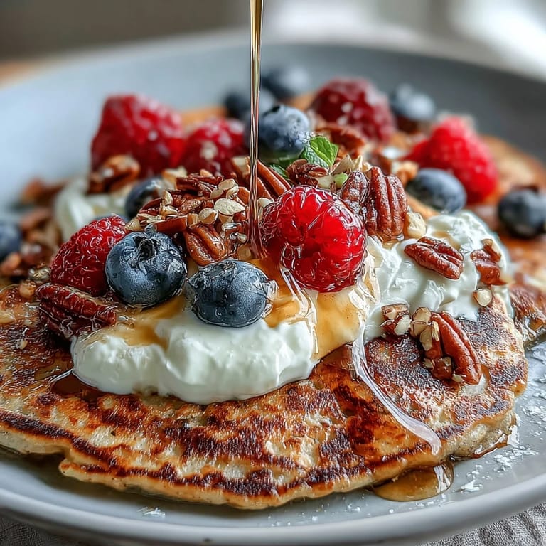 Goldene Protein Pancake Bowl mit zartem Bananen-Granola-Topping und einem süßen Honig-Tropfen auf warmen Kuchen.