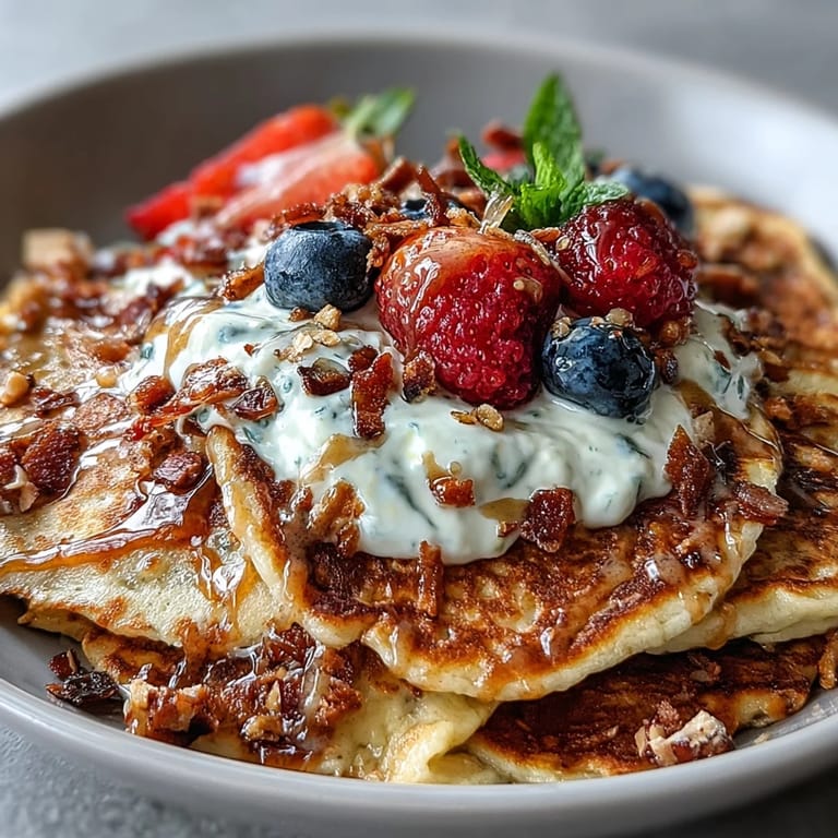 Protein Pancake Bowl mit cremigem Joghurt, Beerentopfung und gehackten Nüssen für den perfekten Start.