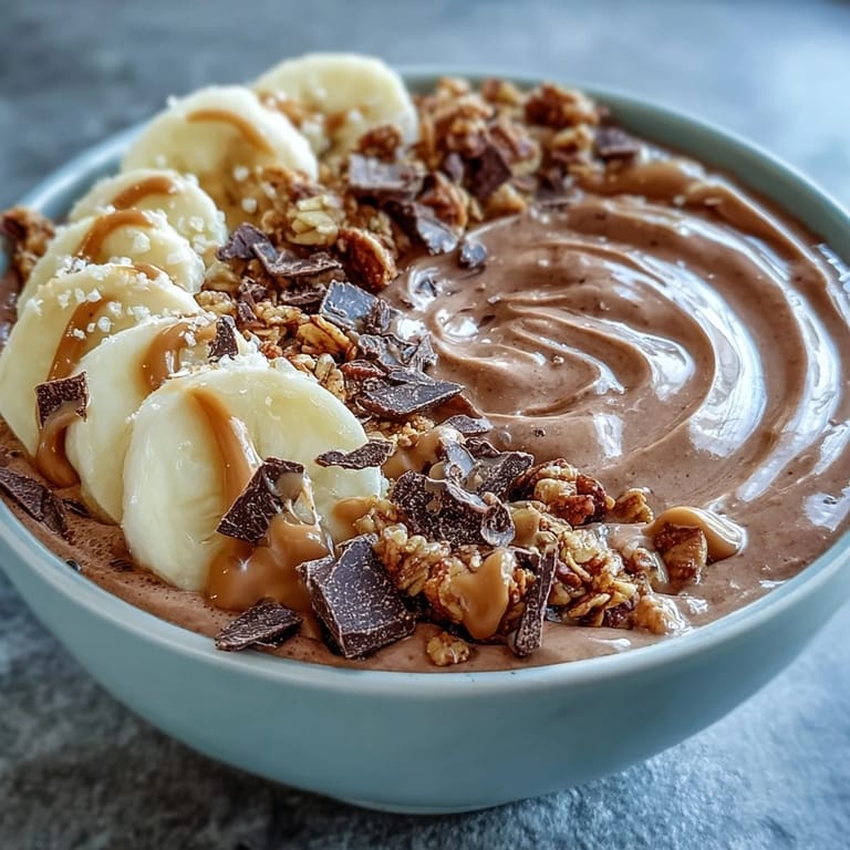 Decadent Chocolate Peanut Butter Smoothie Bowl garnished with dark chocolate shavings and a drizzle of peanut butter.