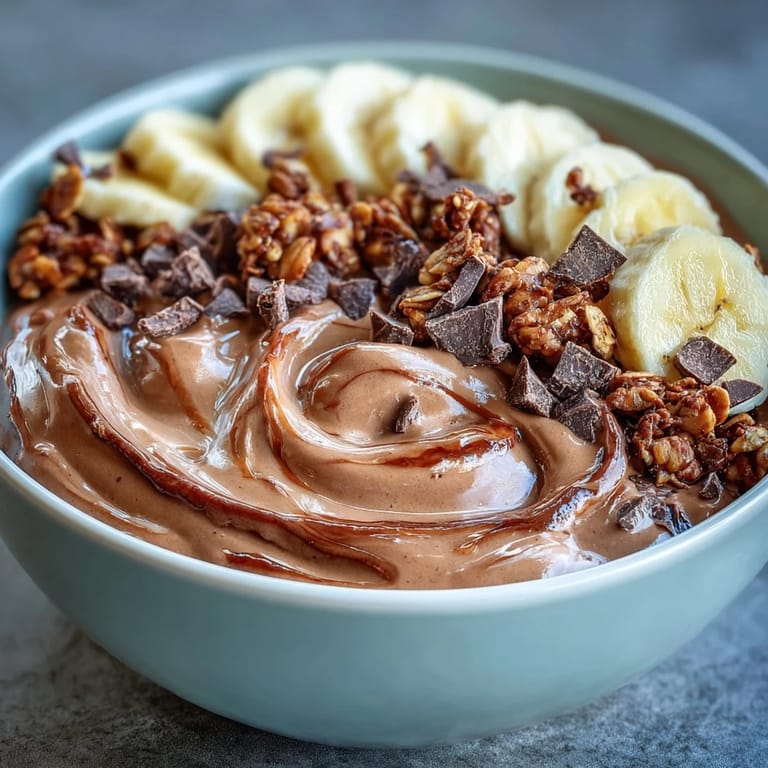 Healthy Chocolate Peanut Butter Smoothie Bowl with sliced bananas, granola, and optional chia seeds for a nourishing snack.