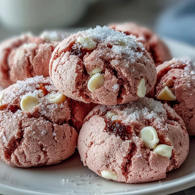 Geöffnete Pink Velvet Cookies mit cremiger Füllung, serviert neben einer Tasse Kaffee.