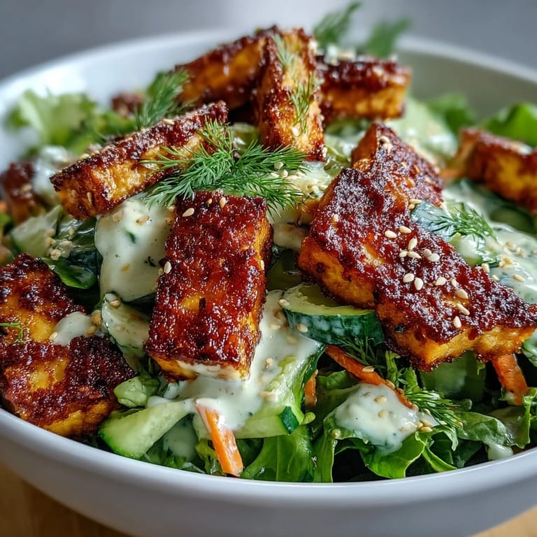 Genussvoller Blick auf eine proteinreiche vegetarische Salad-Kreation mit knackigen Gurkenscheiben und knusprigem Tofu.