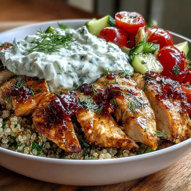 Colorful Greek Chicken Power Bowl topped with cucumber, tomatoes, olives, and fresh parsley garnish.