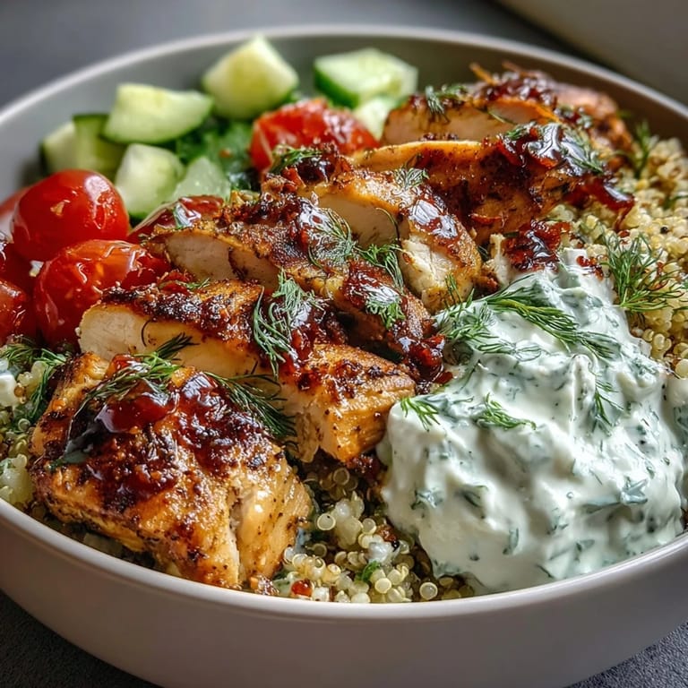 Flavorful Greek Chicken Power Bowl served with lemon wedges, red onion, and dill for garnish.