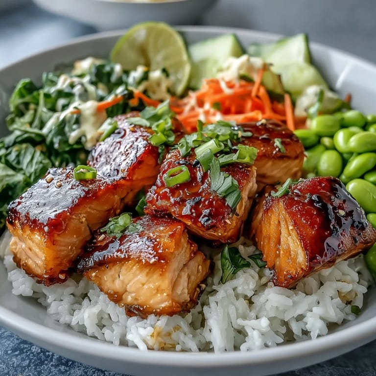 Der leckere Baked Salmon Rice Bowl mit gebratenem Lachs, duftendem Reis, bunten Karotten und erfrischender Gurke.