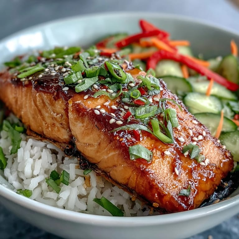 Frisch gebackenes Lachsfilet mit glasierter Oberfläche in einer asiatisch inspirierten Schüssel mit bunten Julienne-Gemüsestreifen.