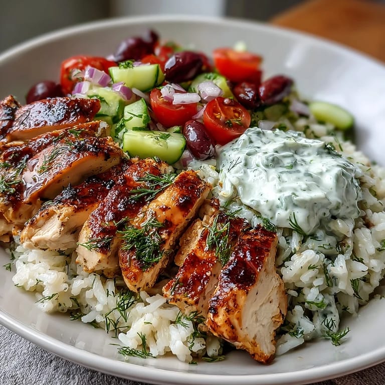 Farbenfroher Greek Chicken Bowl im Stil der Mittelmeerküche, belegt mit goldenem Hähnchen, roten Tomaten, grünen Gurken und einem Klecks cremigem Tzatziki, serviert auf Kräuterreis.