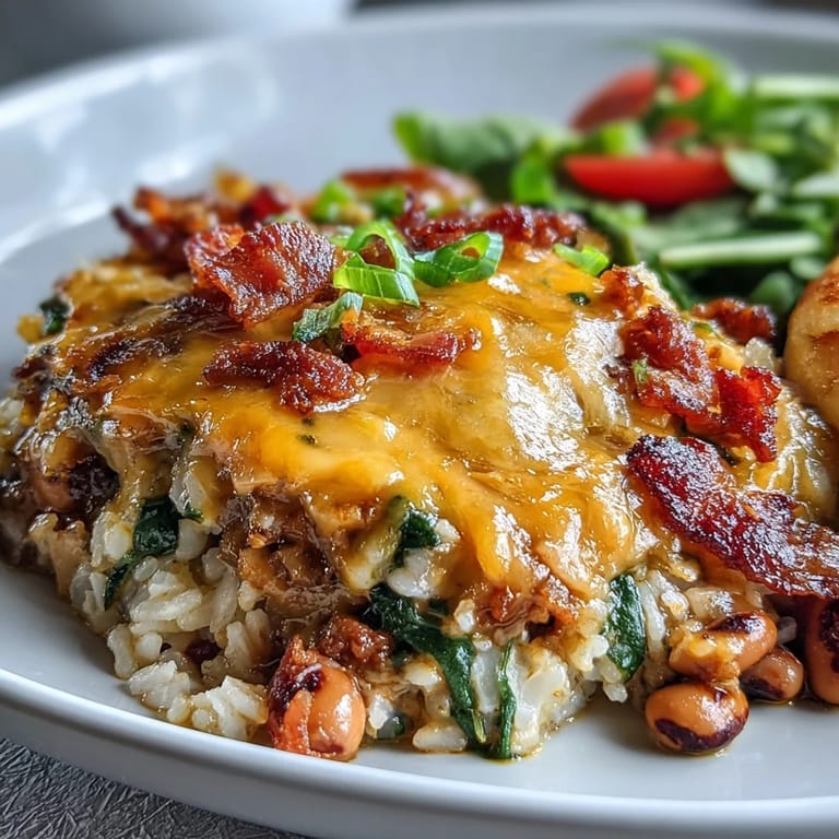 A spoon scoops into the Tex Mex Black Eyed Pea Casserole, revealing tender rice, spinach, and black-eyed peas steaming beside crisp bacon crumbles.