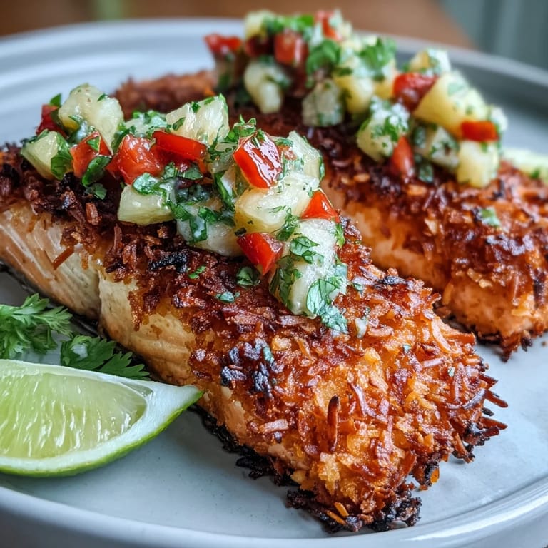 Close-up of crispy Coconut Crusted Salmon with Pineapple Salsa and lime garnish, ready to serve.