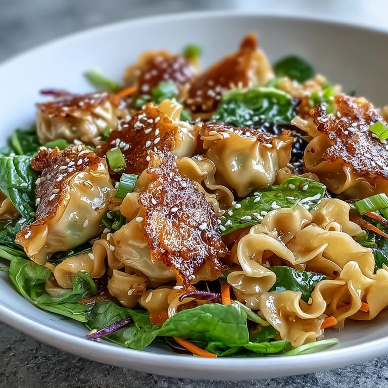 Ein Teller voller Potsticker Noodle Bowls, garniert mit Spinat und würziger Knoblauchnote.