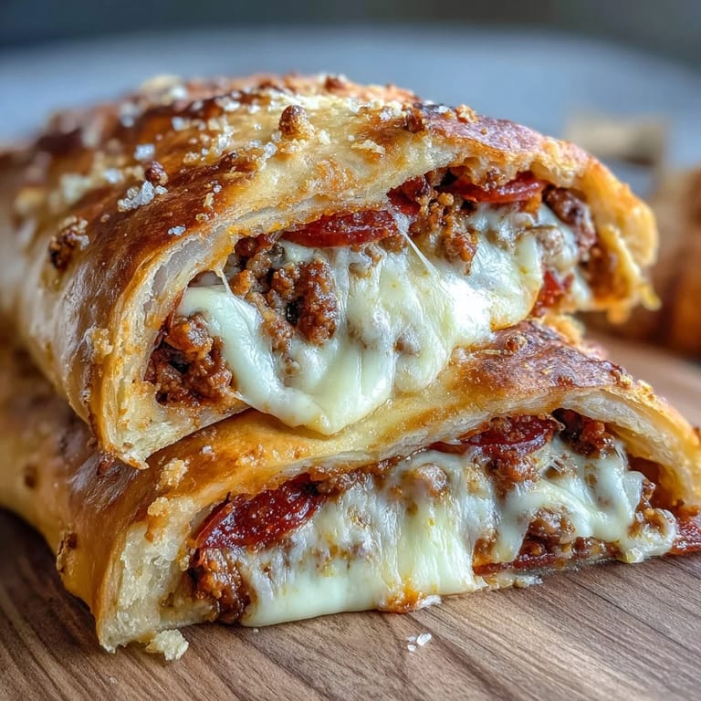 Hausgemachter Baked High-Protein Pepperoni Stromboli, gerade aus dem Ofen auf einem Holzbrett.