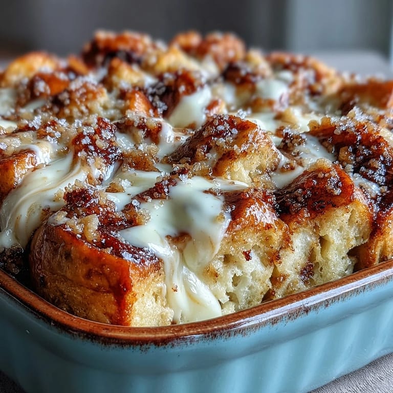 Geschichteter Cream Cheese Swirl Cinnamon Roll French Toast Bake in einer Auflaufform, cremig und duftend nach Zimt.