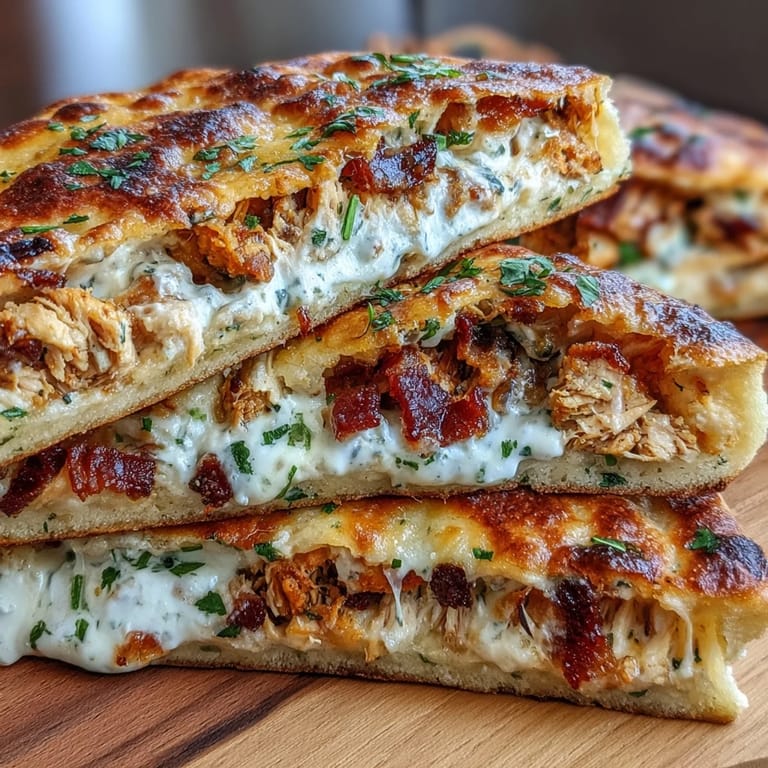 Crispy bacon-stuffed Ranch Crack Chicken Stuffed Naan served warm with ranch drizzle.