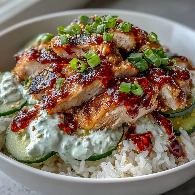 Asiatisches Fusion-Gericht mit saftigem Hähnchen, Joghurt-Gurkensalat und scharfem Chili-Crisp-Dressing.