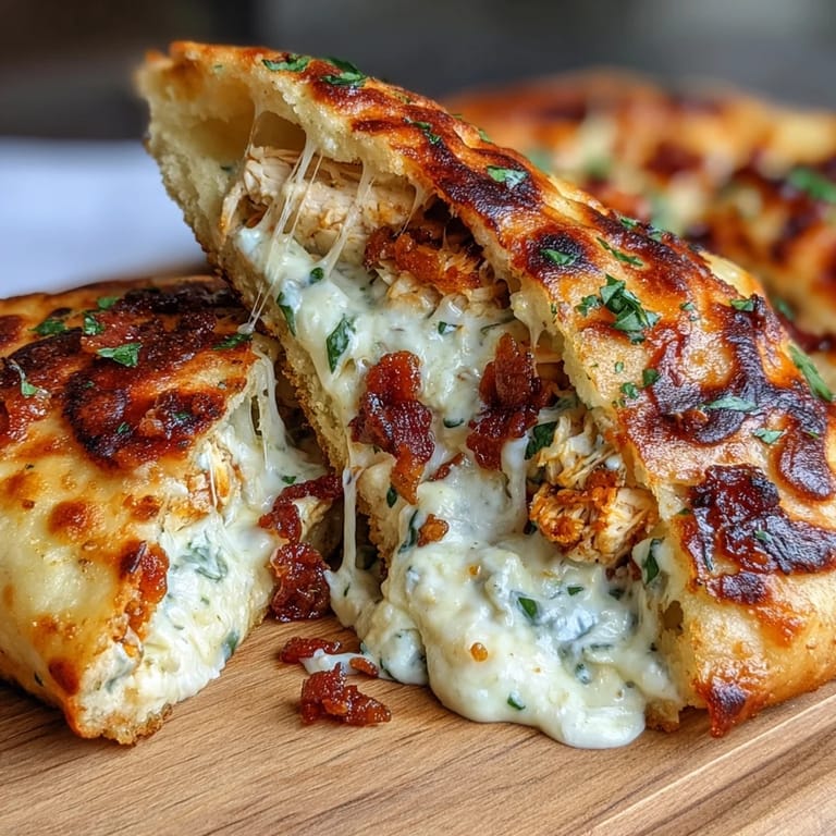 Freshly sliced Ranch Crack Chicken Stuffed Naan revealing creamy chicken, cheddar, and bacon.