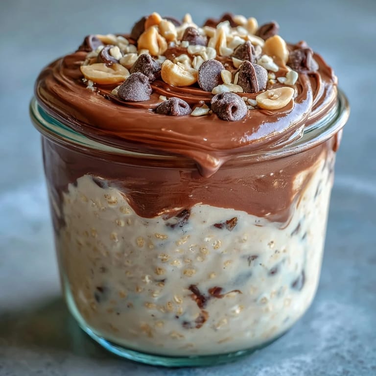 Gesundes Frühstück: Peanut Butter Cup Overnight Oats mit Kakao-Glasur und Schokostückchen aus dem Glas.