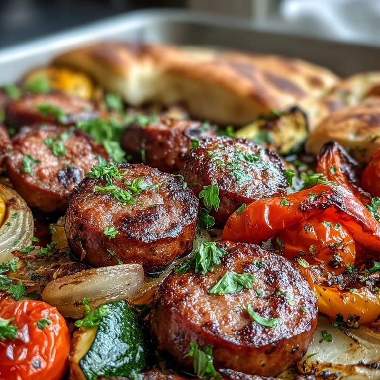 Würzige Smoky Sheet Pan Sausage & Veggies duften aus dem Backofen, serviert auf einer Blechplatte mit goldbrauner Zucchini und naan-Dipp.