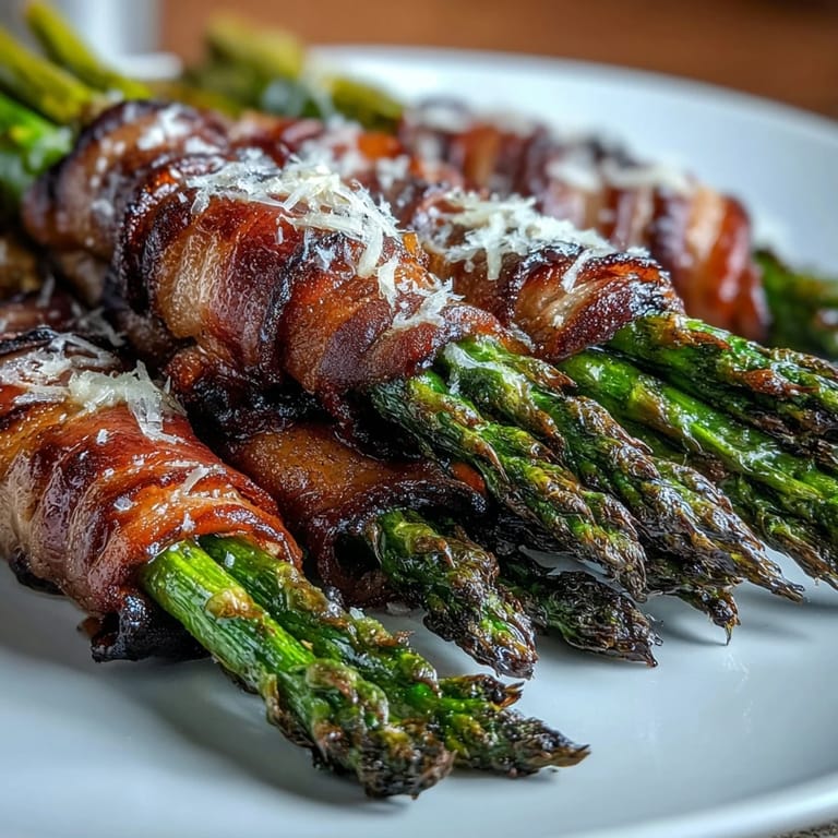 Rohkost-Keto-Bacon-Erwürgtes Spargelbündel mit Parmesan: Knusprig gebackene Spargelstrünke in Speckhülle, würzig mit Parmesan bestreut, warm als Beilage serviert.