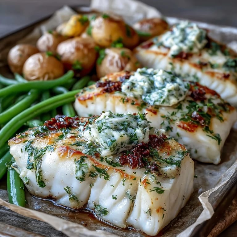 Frisch gebackener Lachs mit duftender Knoblauch-Butter, grünen Bohnen und cremigen Baby-Kartoffeln auf dem Backblech.