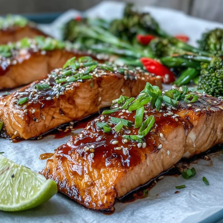 Juicy Sheet Pan Teriyaki Salmon glazed in teriyaki sauce beside crisp broccoli and snap peas.