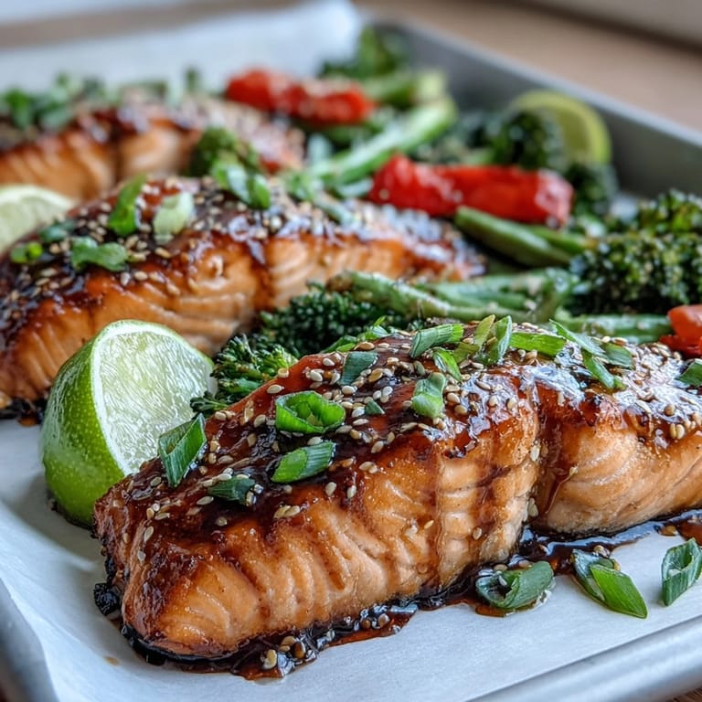 Weeknight-friendly Sheet Pan Teriyaki Salmon plated with broccoli, snap peas, and sesame garnish.