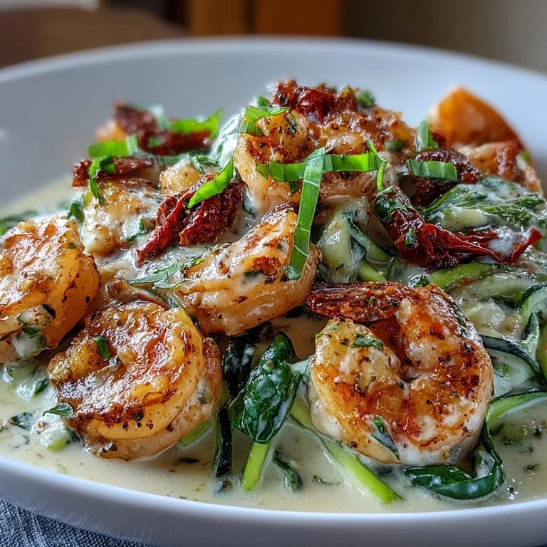Succulent shrimp tossed with zucchini noodles in a creamy garlic sauce for a low-carb Italian-inspired dinner.