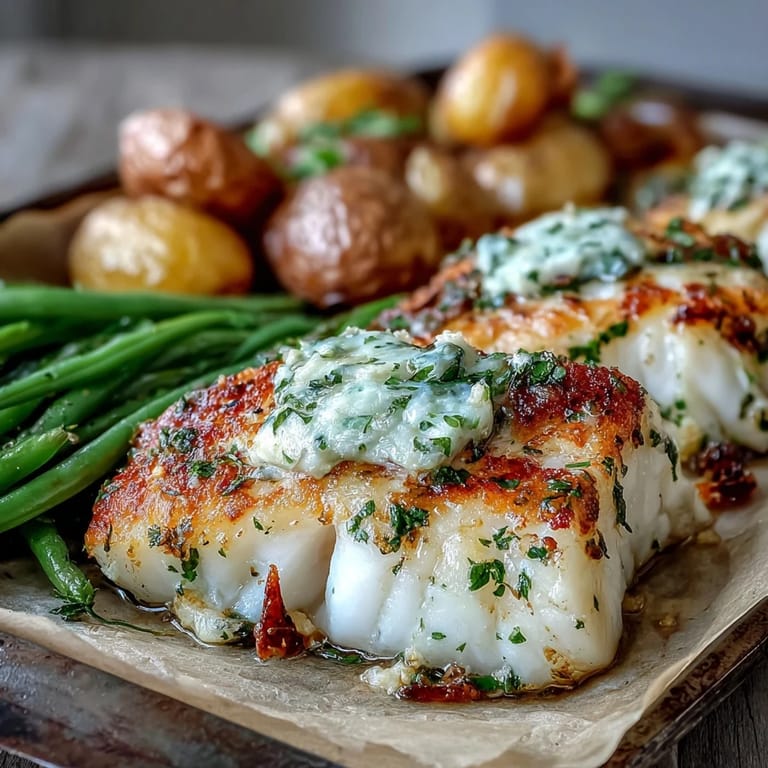 Frisch gebackener Lachs mit duftender Knoblauch-Butter, grünen Bohnen und cremigen Baby-Kartoffeln auf dem Backblech.