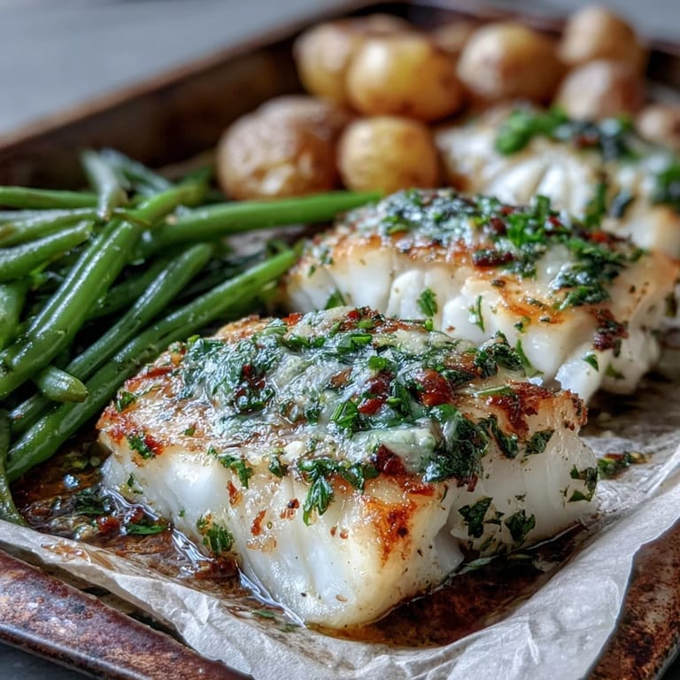 Saftige Lachsfilets mit Kräuter-Butter, grünen Bohnen und goldbraunen Baby-Kartoffeln, serviert zum Abendessen.