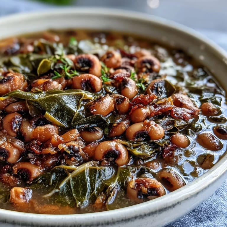 2. Südstaaten-Komfortessen mit schwarzen Augenbohnen und langsam gegartem Grünkohl, begleitet von würzigem Maisbrot für ein festliches Neujahrsessen.