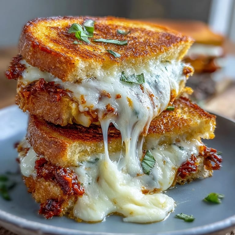 2. Knuspriger Grillkäse gefüllt mit aromatischem Sonnengetrocknete-Tomaten-Pesto und cremigem Käse, perfekt für ein schnelles Mittagessen